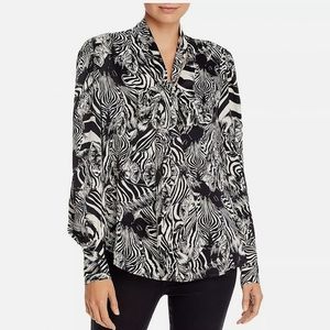 NWT 7 For All Mankind Black White Hypnotic Floral Tie Neck Blouse